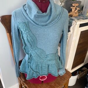 Moth Teal Cowl Neck Sweater with Knit Accents